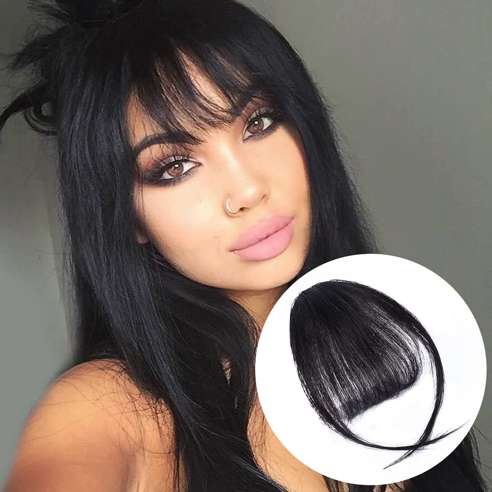 Gramercy Hair Bangs Hair Clip in Bangs Human Hair Extensions Wispy Bangs 1 clip with Temples Hairpieces for Women Clip on Air Bangs Curved Bangs (Black)