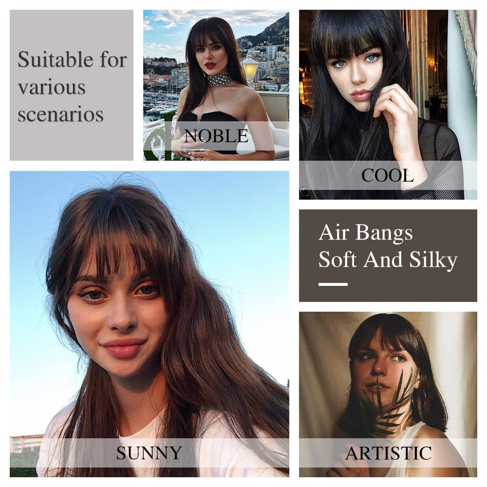 Gramercy Hair Bangs Hair Clip in Bangs Human Hair Extensions Wispy Bangs 1 clip with Temples Hairpieces for Women Clip on Air Bangs Curved Bangs (Black)