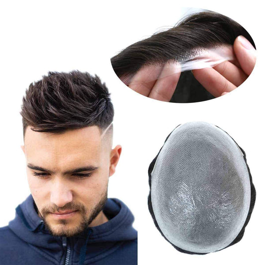 Gramercy Hair  Skin Base Hair Toupee for Men 9x7 100% European Hair Replacement System, 0.03mm PU Thin Skin V-Looped Dark brown Hair Patch for Men