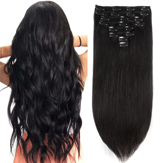 Clip in Hair Extensions Human Hair Black 18 inch Double Weft 100% Real Human Hair Straight Clip on Thick Hair Extensions Grade 8A Soft Silky 100Gram.