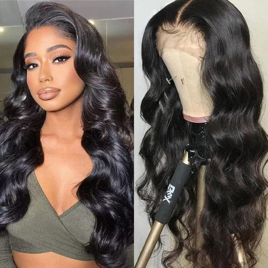 Gramercy Hair Body Wave Human Hair Wig with Bangs -130% Density None Lace Front Glueless Wavy Wig with Bangs Human Hair Full Machine Made Virgin Hair Wig with  for Women  18 inch (Natural Black) 18