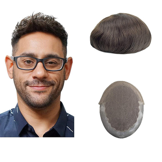 Gramercy Hair Q6 Toupee For Men Human Hair Replacement Toupee Hair French Lace Hair Unit For Men (7'' x 9'',Natural Black-110% Light To Medium Density)